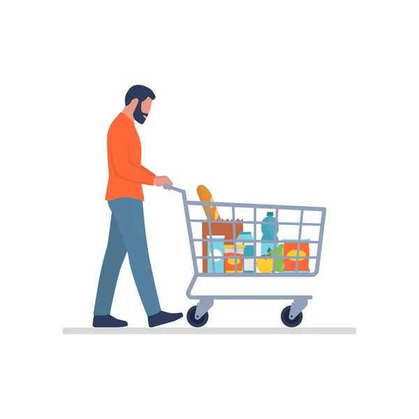 Mann Beim Einkaufen Supermarkt Schiebt Einen Vollen Einkaufswagen Isoliert Auf — Stockvektor