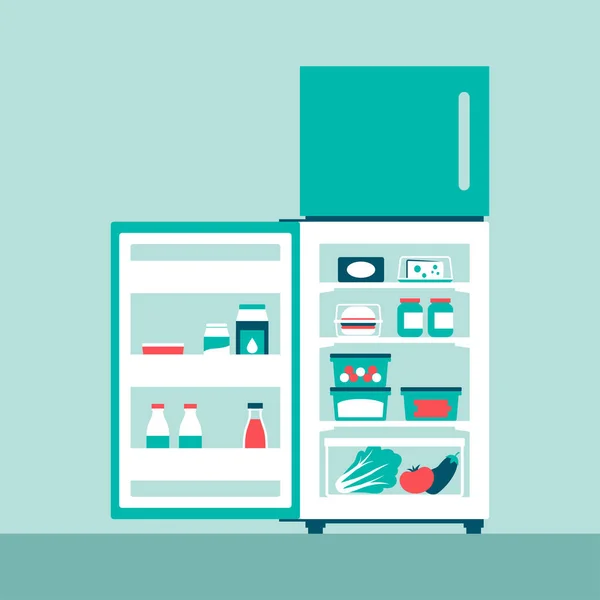 Відкритий Холодильник Свіжою Їжею Всередині Концепція Побутової Техніки — стоковий вектор