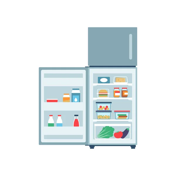 白い背景に隔離された 家庭用電化製品のコンセプト内に保存された新鮮な食品とオープン冷蔵庫 — ストックベクタ