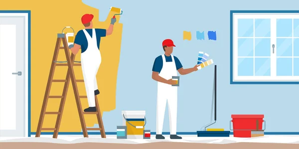 Pintores Decoradores Profissionais Pintando Paredes Uma Sala Residencial Com Equipamento — Vetor de Stock