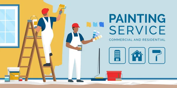 Pintores Decoradores Profesionales Pintando Paredes Una Habitación Residencial Con Equipo — Vector de stock