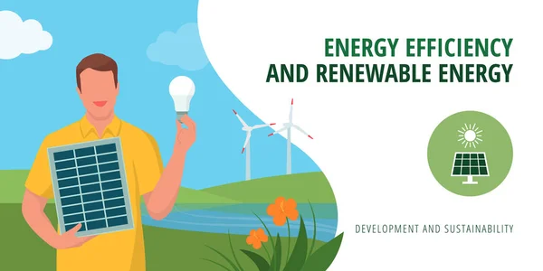 Energiahatékonyság Megújuló Energiaforrások Zászlója Napelemet Energiahatékony Villanykörtét Mutató Ember Háttérben — Stock Vector