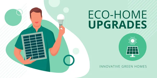 Aggiornamenti Eco Home Banner Energia Verde Uomo Mostra Pannello Solare — Vettoriale Stock