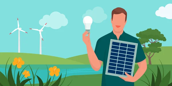 エネルギー効率と再生可能エネルギーのバナー 太陽光パネルとエネルギー効率の高い電球 背景に風力タービンを示す男 — ストックベクタ