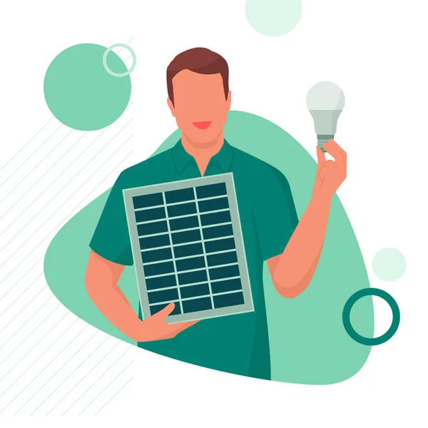 Mann Mit Solarpaneel Und Energieeffizienter Glühbirne Nachhaltigem Energie Und Umweltkonzept — Stockvektor
