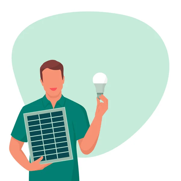持太阳能电池板和节能灯泡的人 可持续能源和生态概念 带有复制空间的社交媒体贴文模板 — 图库矢量图片
