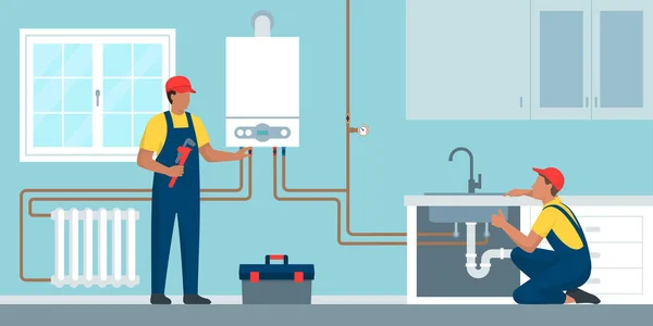 Professional Plumber Heating Engineer Work Checking Boiler Home Plumbing — Stock Vector