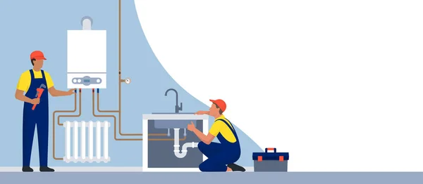 Επαγγελματίας Υδραυλικός Και Μηχανικός Θέρμανσης Στην Εργασία Ελέγχουν Λέβητα Και — Διανυσματικό Αρχείο