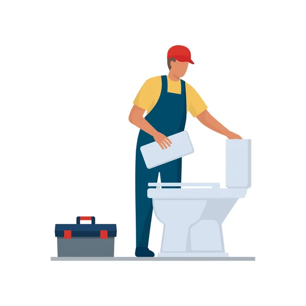 Professionele Loodgieters Service Een Loodgieter Controleert Het Toilet Spoeltank — Stockvector