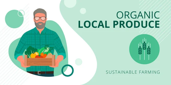 Agricultor Sênior Segurando Uma Caixa Com Legumes Frutas Orgânicos Frescos —  Vetores de Stock