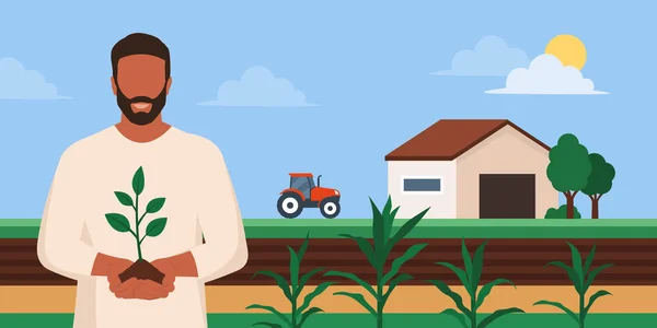 以可持续农业 有机农产品和生态概念为背景 对持有土壤和发芽植物 农场和农田的传统农民进行微笑 — 图库矢量图片