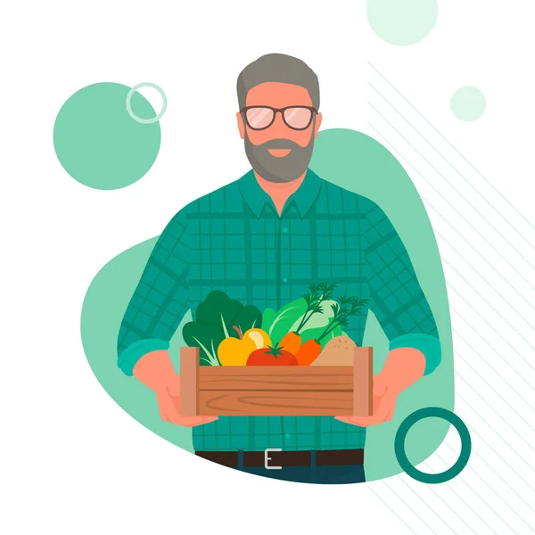 持続可能な有機農業と地域の農産物の概念 ソーシャルメディアのポストテンプレート 新鮮な有機野菜や果物と箱を保持シニア農家 — ストックベクタ