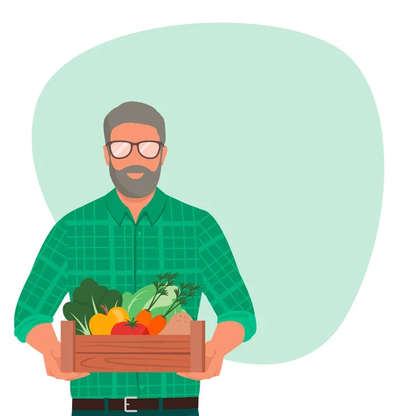 持続可能な有機農業と地元の農産物の概念 コピースペースのあるソーシャルメディアポストテンプレート 新鮮な有機野菜や果物と箱を保持しているシニア農家 — ストックベクタ