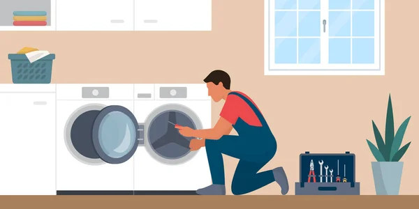 Profesyonel Tamirci Evde Çamaşır Makinesini Tamir Ediyor — Stok Vektör