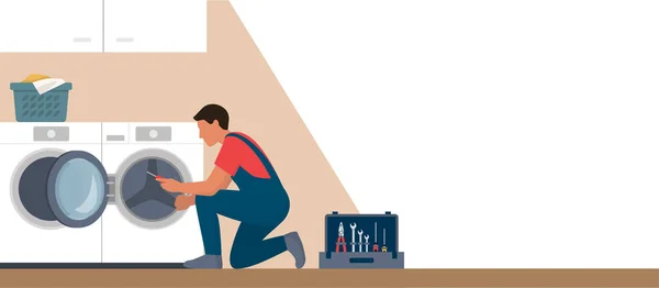 Reparador Profesional Que Fija Una Lavadora Casa — Vector de stock