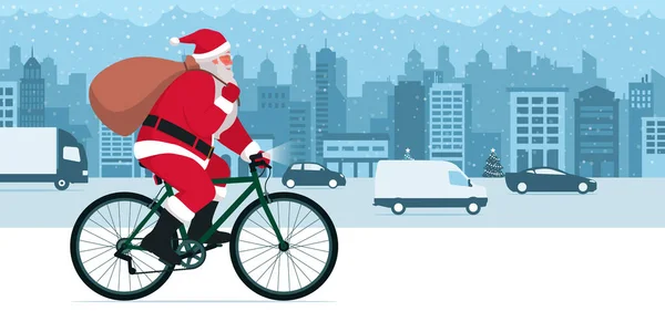 Happy Santa Claus Riding Bicycle City Street Carrying Sack Full — Stock Vector