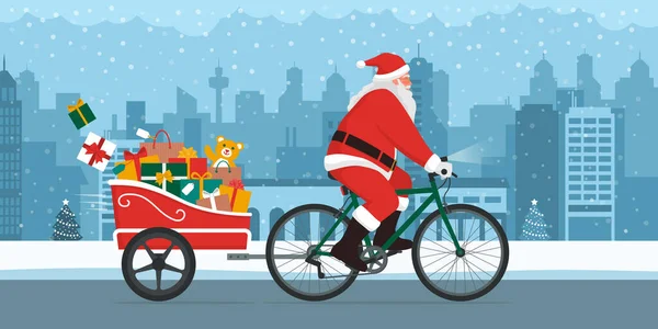 为了环保的圣诞老人送圣诞礼物 他骑着一辆装有拖车的自行车在城市街道上 — 图库矢量图片