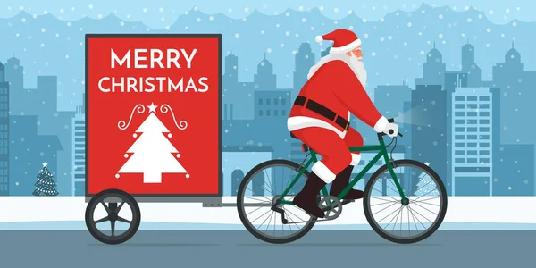 Noel Baba Bisiklet Sürüyor Karavan Reklamı Yapıyor Noel Dilekleri Ile — Stok Vektör