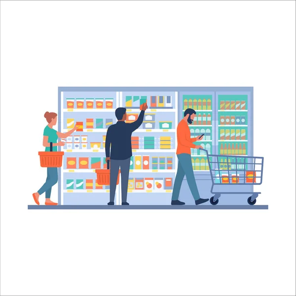 スーパーで食料品の買い物をしている人々は 白い背景に隔離されています — ストックベクタ