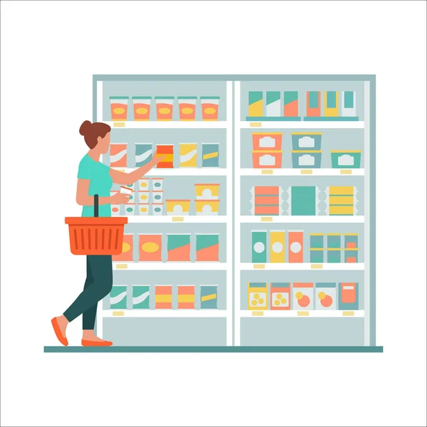 Vrouw Doet Boodschappen Supermarkt Neemt Spullen Uit Schappen Geïsoleerd Witte — Stockvector