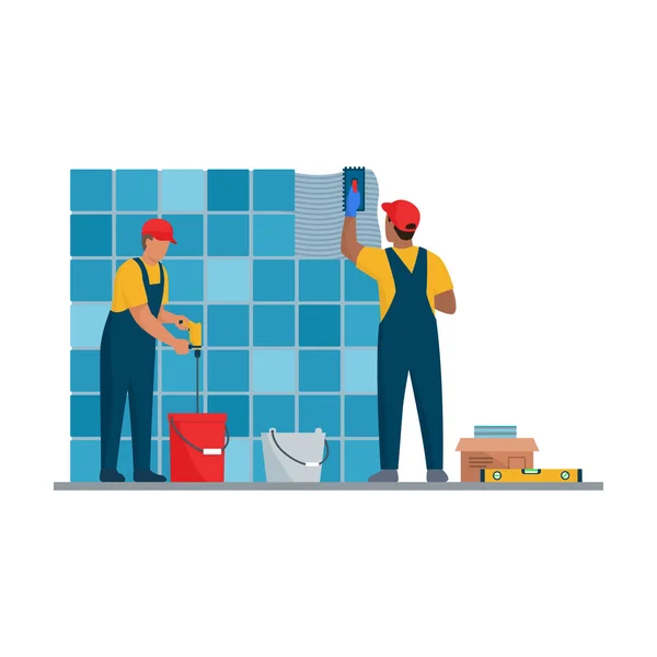 Professional Tilers Installing Tiles Wall Using Professional Tools Home Renovation — Stock Vector