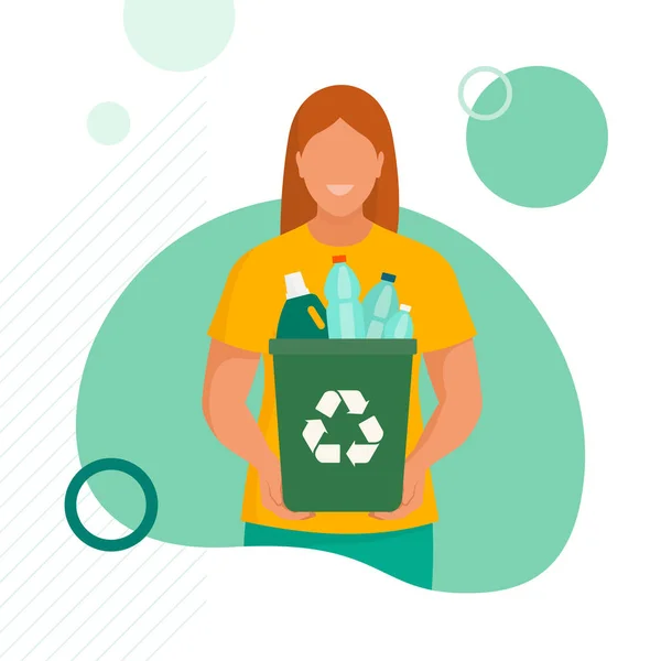 用塑料瓶笑着拿垃圾桶的女人 独立的废物收集和回收概念 带有复制空间的社交媒体贴文模板 — 图库矢量图片