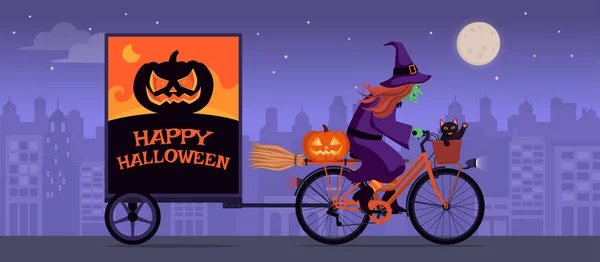 Gruselig Hässliche Hexe Auf Einem Fahrrad Und Zeigt Happy Halloween — Stockvektor