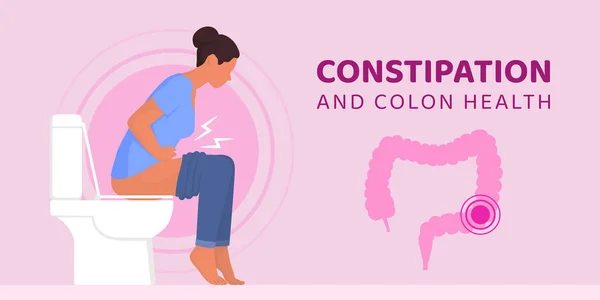 便秘妇女坐在马桶 结肠健康和肠道疾病概念上 — 图库矢量图片