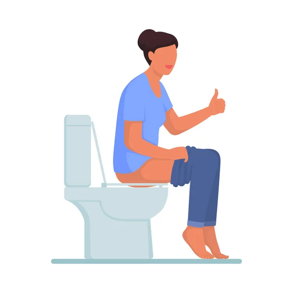 Happy Woman Sitting Toilet Giving Thumbs Healthy Colon Concept — Stock Vector