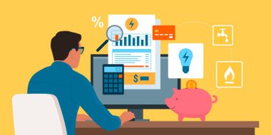 Bilgisayarındaki faturaları kontrol eden ve ödeyen adam ifadesini kontrol ediyor ve tasarruf ediyor.