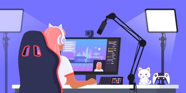 Çevrimiçi video oyunları oynayan profesyonel sevimli oyuncu kız: video oyunları canlı yayın platformu konsepti