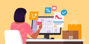 Masasında oturmuş bilgisayarıyla online alışveriş yapan şık bir kadın, bir çift ayakkabı sipariş ediyor ve kredi kartıyla ödüyor: satış, dağıtım ve teknoloji konsepti.