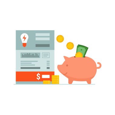 Save money on your electricity bill, piggy bank and utility bill, banner with copy space clipart
