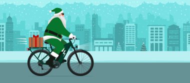 Çağdaş çevre dostu Noel Baba e-bisiklet sürüyor ve bir Noel hediyesi taşıyor, sürdürülebilir hareketlilik kavramı