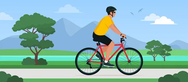 Bisiklet Süren Sağlıklı Bir Adam Doğa Keşfi Sağlıklı Yaşam Tarzı — Stok Vektör