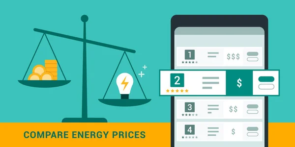 Compare Energy Prices Suppliers Smartphone App Scale Cash Lightbulb Showing — Stock Vector