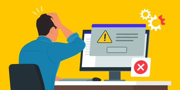 stock vector Man sitting at desk and using a computer, he receives an error message notification on a dialog box window