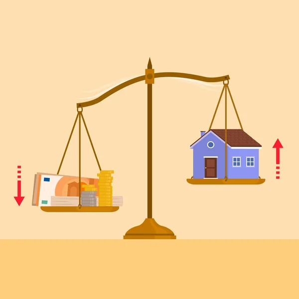一个盘子里有很多钱 另一个盘子里有一栋房子的重量秤 通货膨胀对房地产投资的影响 — 图库矢量图片