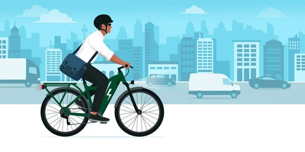 Hombre Montando Una Bicicleta Eléctrica Ecológica Calle Ciudad Concepto Movilidad — Vector de stock
