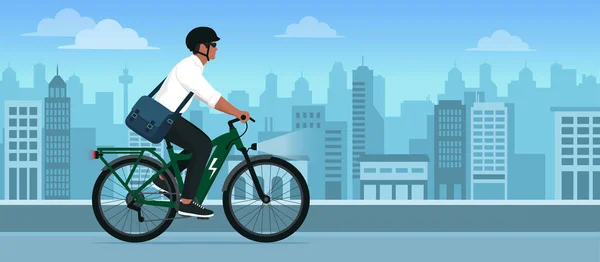 街の通りで環境に優しい電気自転車に乗る男 持続可能なモビリティの概念 — ストックベクタ