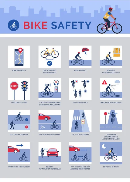 Bisiklet Güvenlik Ekipmanları Bisiklet Güvenlik Ipuçları Simgeli Bilgi Kopyalama Alanı — Stok Vektör