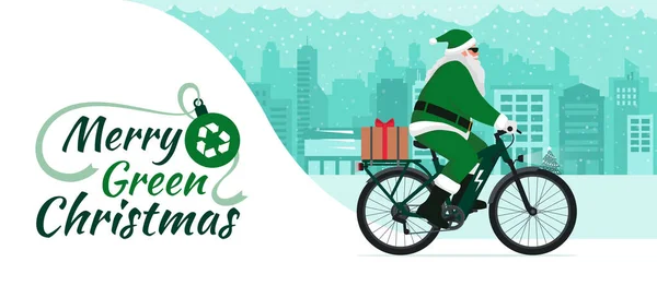 Çağdaş Çevre Dostu Noel Baba Bisiklet Sürüyor Bir Noel Hediyesi — Stok Vektör