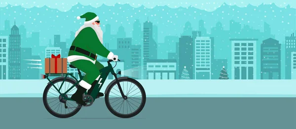 现代生态友好型圣诞老人骑着电子自行车 带着圣诞礼物 可持续流动的概念 — 图库矢量图片