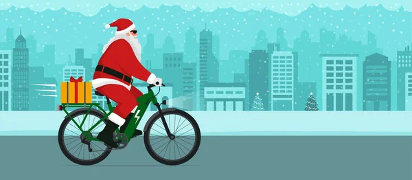 Contemporary Eco Friendly Santa Claus Riding Bike Carrying Christmas Gift — Stock Vector