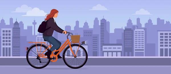 Şehir Caddesinde Bisiklet Süren Şık Bir Kadın Ulaşım Yaşam Tarzı — Stok Vektör