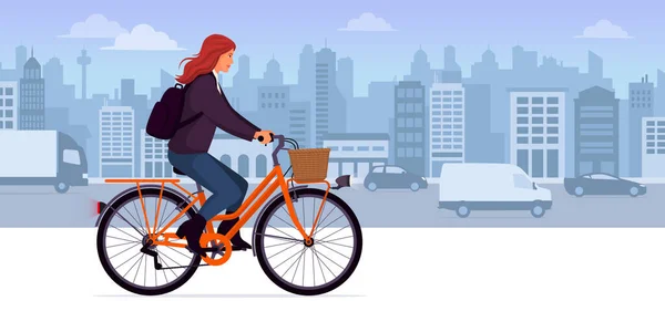 Modieuze Vrouw Fiets Stad Straat Vervoer Lifestyle Concept — Stockvector