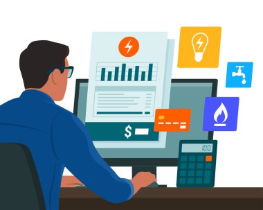 Masasında oturan ve faturalarını internet üzerinden ödeyen bir adam, fatura yönetimi kavramı.