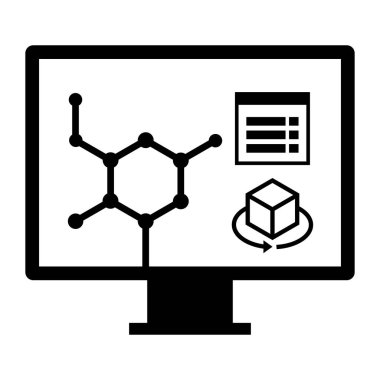 Bilimsel araştırma simgesi için bilgisayar yazılımı, bilgisayar ekranında molekül