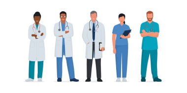 Birlikte duran profesyonel doktor ve hemşireler, sağlık ve tıp konsepti