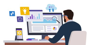 Şirket işadamı masada oturuyor ve bilgisayarındaki, iş ve teknoloji konseptindeki mali raporları kontrol ediyor.